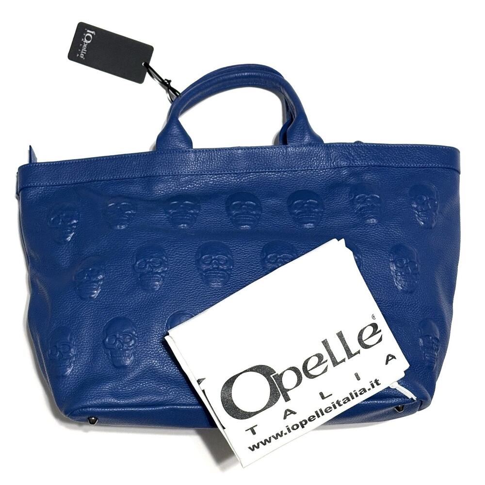 IO PELLE Skull Embossed Blue Leather Tote Bag XL Weekender Crossbody Strp NWT - Picture 14 of 14